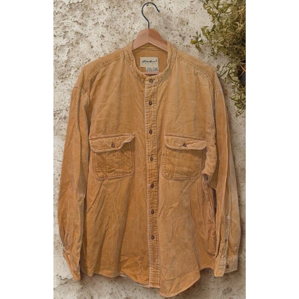 Eddie Bauer Vintage 90s Band Collar Corduroy Shirt Mens XL Mustard Yellow EUC - Picture 7 of 9